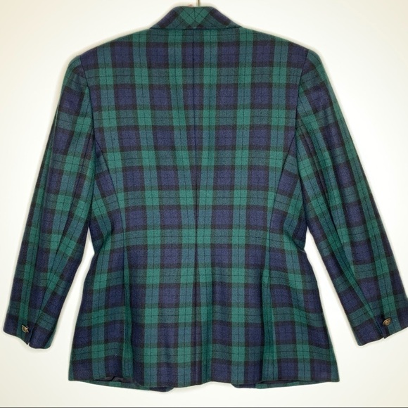 Y2K Rena Rowan Saville Wool Blend Tartan Plaid Blazer Brass Buttons Size 10P - Picture 3 of 15